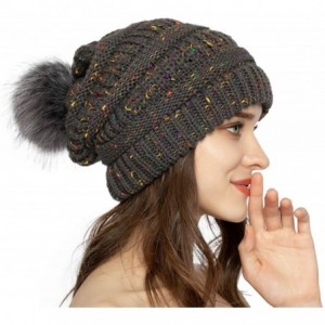 Skullies & Beanies Women Knit Beanie hat with Faux Fur Pom Pom Hats Thick Soft Warm Slouchy Chunky Baggy Ski Cap for Lady - C...