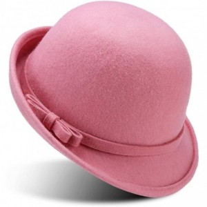 Fedoras Women's 100% Wool Felt Round Top Cloche Hat Fedoras Trilby with Bow Band - Pink - C112ODR5VJC $63.30