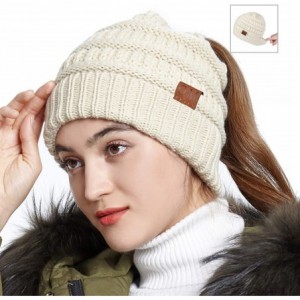 Skullies & Beanies Women's Ponytail Messy Bun Cotton Beanie Winter Warm Stretch Cable Hat Thick Knit Cuff Skull Cap - A5-beig...