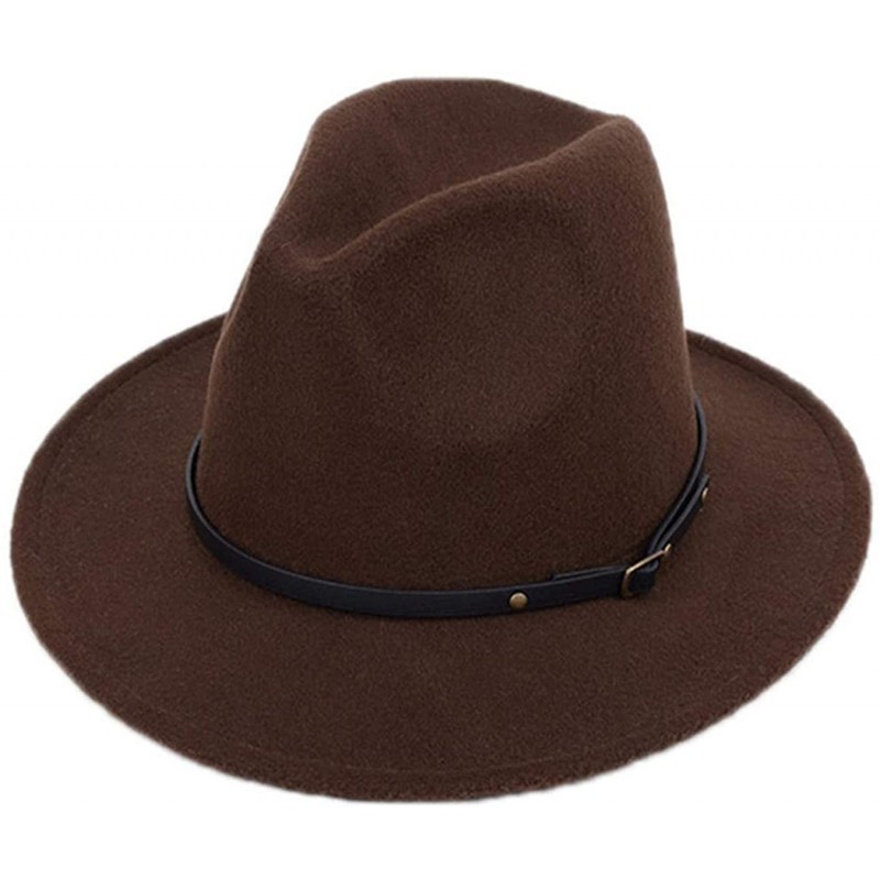Fedoras Women Lady Vintage Retro Wide Brim Wool Fedora Hat Panama Cap with Belt Buckle - Coffee - CM18A6A6L59 $29.62