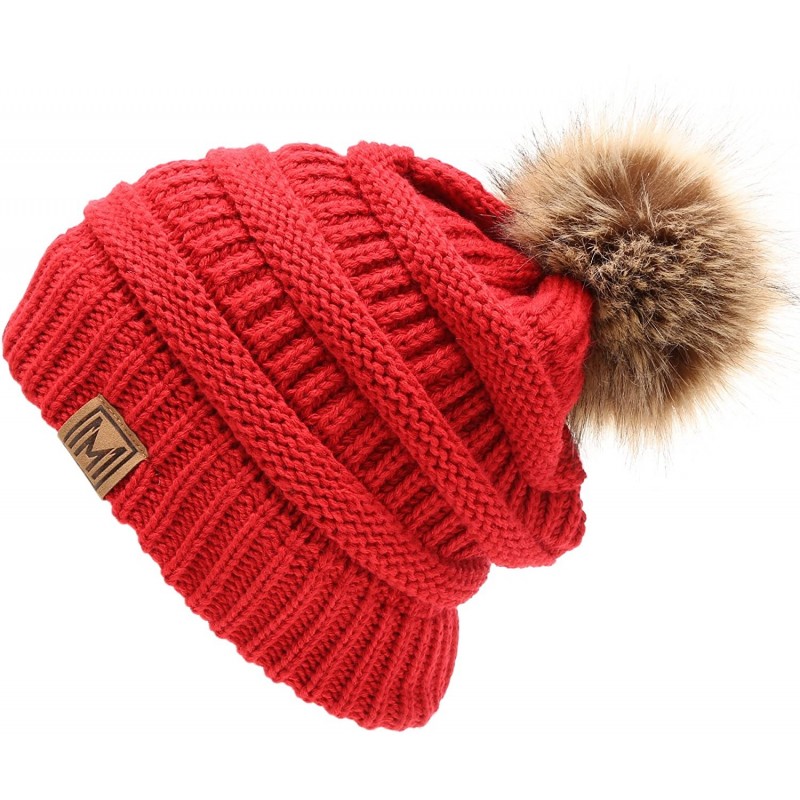 Skullies & Beanies Women's Soft Stretch Cable Knit Warm Skully Faux Fur Pom Pom Beanie Hats - Red - CS18GQOILZQ $19.19