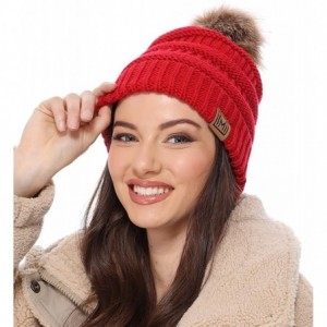 Skullies & Beanies Women's Soft Stretch Cable Knit Warm Skully Faux Fur Pom Pom Beanie Hats - Red - CS18GQOILZQ $19.19