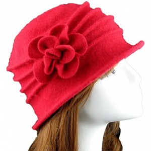 Berets Women 100% Wool Solid Color Round Top Cloche Beret Cap Flower Fedora Hat - 3 Red - CB186WXH3OL $34.90