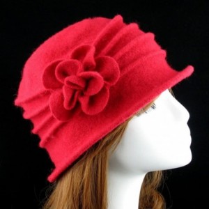 Berets Women 100% Wool Solid Color Round Top Cloche Beret Cap Flower Fedora Hat - 3 Red - CB186WXH3OL $31.58