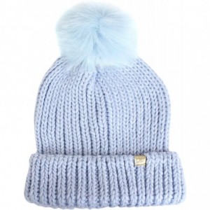 Skullies & Beanies Soft Stretch Chunky Cable Knit Beanie Hat with Pom Pom- Warm Knitted Winter Cap - Baby Blue - CU18870EO3O ...