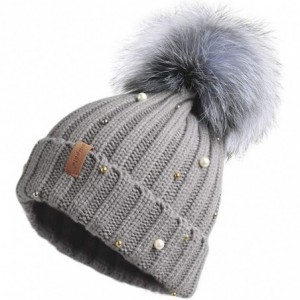 Skullies & Beanies Women Knit Winter Turn up Beanie Hat with Pearl and Fur Pompom - Gray(silver Fox Pompom) - CX188N8L83W $37.99