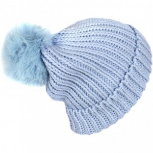 Skullies & Beanies Soft Stretch Chunky Cable Knit Beanie Hat with Pom Pom- Warm Knitted Winter Cap - Baby Blue - CU18870EO3O ...