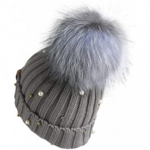 Skullies & Beanies Women Knit Winter Turn up Beanie Hat with Pearl and Fur Pompom - Gray(silver Fox Pompom) - CX188N8L83W $35.67