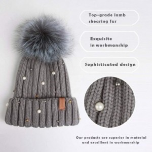 Skullies & Beanies Women Knit Winter Turn up Beanie Hat with Pearl and Fur Pompom - Gray(silver Fox Pompom) - CX188N8L83W $35.67