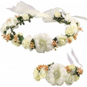 Headbands Flower Crown Wedding Hair Wreath Floral Headband Garland Wrist Band Set - Beige - C1185LZSL30 $53.09