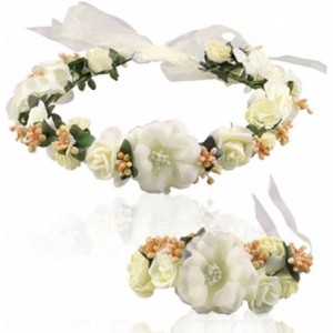 Headbands Flower Crown Wedding Hair Wreath Floral Headband Garland Wrist Band Set - Beige - C1185LZSL30 $47.91