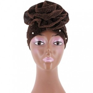 Skullies & Beanies African Printing Turban Cap Hairwrap Headwear Sleep Chemo Bonnet Hat Beanie for Women - Coffee Shiny Turba...