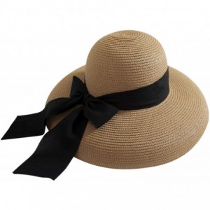 Sun Hats Womens Floppy Straw Hat Wide Brim Summer Beach Cap Bowknot Sun Hat - Khaki - C718SQA8YQK $21.17