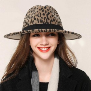Fedoras Women's Vintage Leopard Print Fedora Wool Hat Wide Brim Panama Trilby Wool Felt Hat with Band - Khaki - CW18XMTLW0M $...