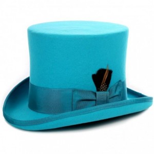 Fedoras Satin Lined Wool Top Hat with Grosgrain Ribbon and Removable Feather - Unisex- Men- Women - Turquoise - CI18UQ5KTUY $...