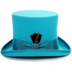 Fedoras Satin Lined Wool Top Hat with Grosgrain Ribbon and Removable Feather - Unisex- Men- Women - Turquoise - CI18UQ5KTUY $...