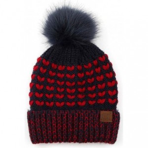 Skullies & Beanies Women's Heart Love Pattern Warm Beanie Hat with Pom Pom - Navy - CG18YG8253R $43.44