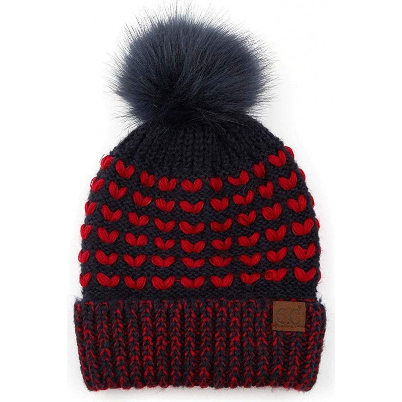 Skullies & Beanies Women's Heart Love Pattern Warm Beanie Hat with Pom Pom - Navy - CG18YG8253R $37.88