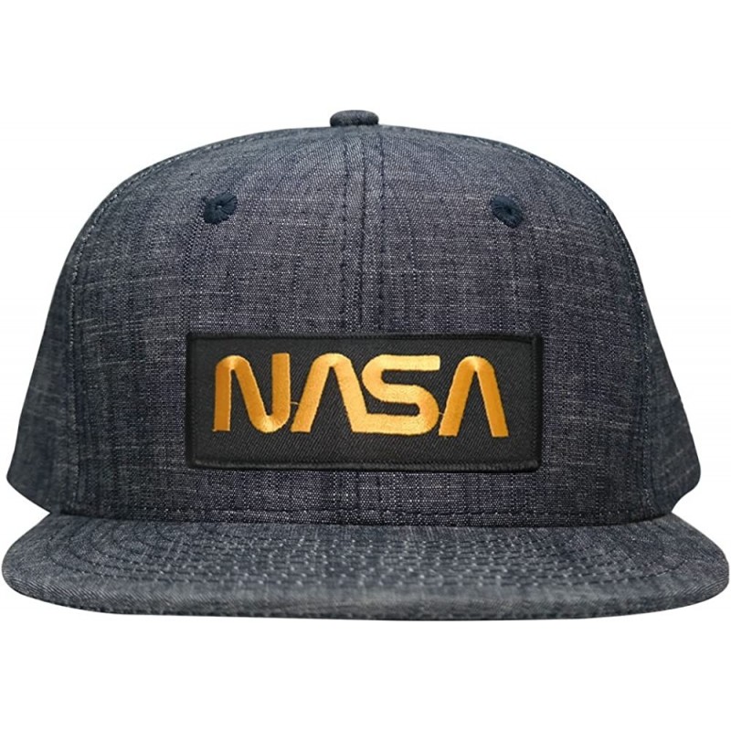 Baseball Caps NASA Worm Gold Text Embroidered Patch Washed Denim Snapback Cap - Blue Denim - C412N471SBZ $36.14