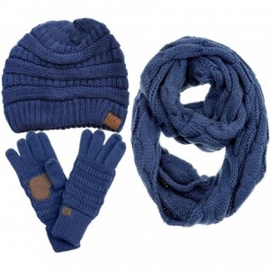 Skullies & Beanies 3pc Set Trendy Warm Chunky Soft Stretch Cable Knit Beanie Scarves Gloves Set - Dark Denim - C8187GQ0ZTK $9...