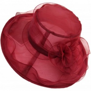 Sun Hats Women's Organza Church Hat for Wedding Tea Party Wide Brim Fancy Kentucky Derby Fascinator Cap - Wine Red - C718QY9O...
