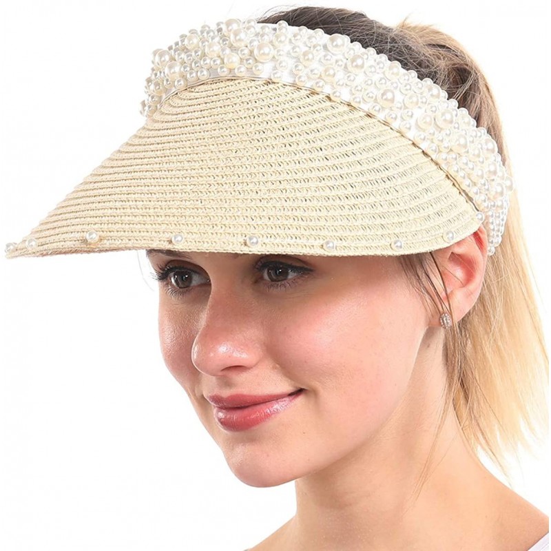 Sun Hats Women Sun Visor Hats Beach - Foldable Roll Up Wide Brim Bowknot Summer Straw Hat Cap Cruise wear for Womens - CR18RM...