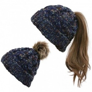 Skullies & Beanies Women Fashion Winter Warm Ponytail Patchwork Knitted Cap Hats & Caps - Navy Blue - C818AK20KIX $36.15