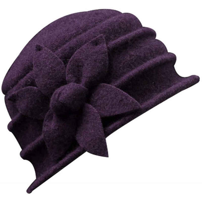 Bucket Hats Women Solid Color Winter Hat Flower 100% Wool Cloche Bucket Hat - Purple - C918MHRM5I0 $24.58
