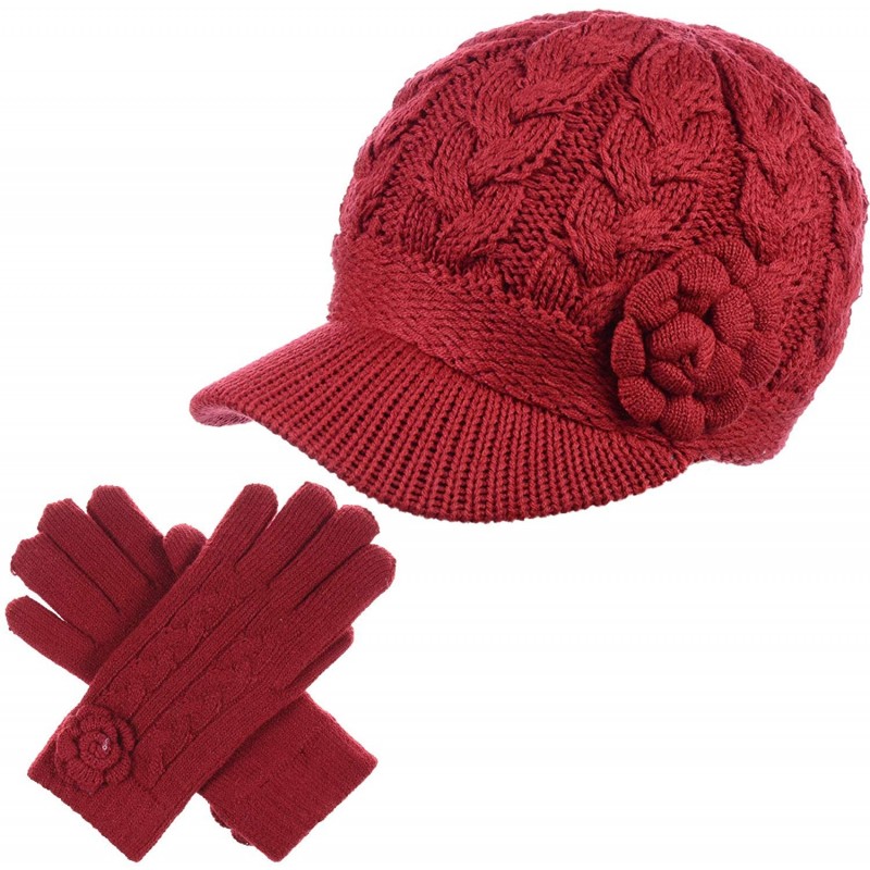 Newsboy Caps Women's Winter Fleece Lined Elegant Flower Cable Knit Newsboy Cabbie Hat - Red Cable Flower-hat Gloves Set 2 - C...
