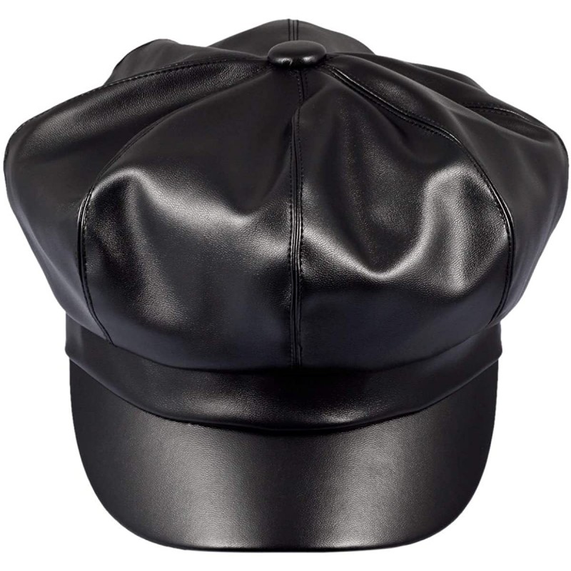 Newsboy Caps Women Newsboy Hats- Visor Beret Cabbie Hat 8 Panel Ivy Cap PU Leather - Black - CT18KNWINR0 $25.70