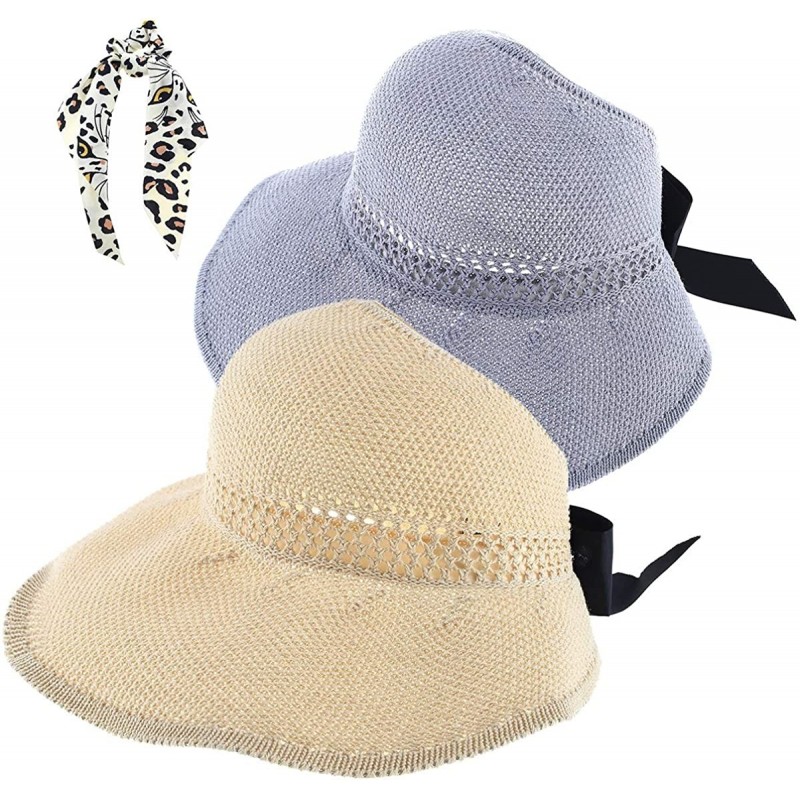 Sun Hats 2 Packs Sun Visor Hats for Women Bowknot Beach Hat Roll Up Summer Straw Sun Hats - Beige+grey - C91934EUSHI $19.19