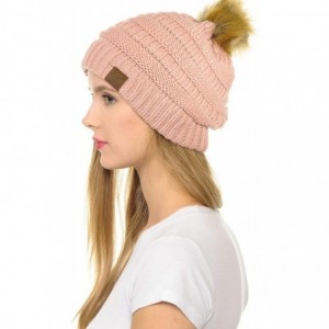 Skullies & Beanies Hat-43 Thick Warm Cap Hat Skully Faux Fur Pom Pom Cable Knit Beanie - Indi Pink - CB18X9X7R5W $29.45