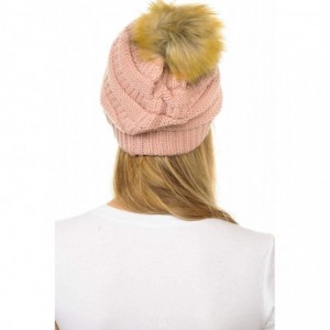 Skullies & Beanies Hat-43 Thick Warm Cap Hat Skully Faux Fur Pom Pom Cable Knit Beanie - Indi Pink - CB18X9X7R5W $25.64