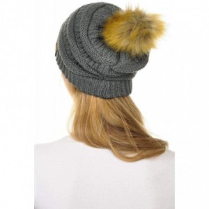 Skullies & Beanies Hat-43 Thick Warm Cap Hat Skully Faux Fur Pom Pom Cable Knit Beanie - Dark Melange - CK18X6SHA9I $20.28