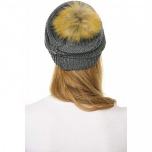 Skullies & Beanies Hat-43 Thick Warm Cap Hat Skully Faux Fur Pom Pom Cable Knit Beanie - Dark Melange - CK18X6SHA9I $20.28