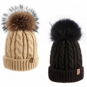 Skullies & Beanies Cute Beanie Hats for Womens Pom Pom Hat Knit Hat Thermal Ski Hat - Black Beige(2pcs) - C0192M2NQDZ $21.39