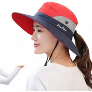 Sun Hats Women's Outdoor Sun Protection Wide Brim Mesh Fishing Hat Bucket Hat with Ponytails - Red - CE18UITCY0G $22.78