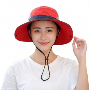 Sun Hats Women's Outdoor Sun Protection Wide Brim Mesh Fishing Hat Bucket Hat with Ponytails - Red - CE18UITCY0G $22.48