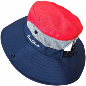 Sun Hats Women's Outdoor Sun Protection Wide Brim Mesh Fishing Hat Bucket Hat with Ponytails - Red - CE18UITCY0G $22.48