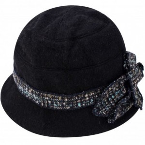 Bucket Hats Womens 1920s Gatsby Wool Flower Band Beret Beanie Cloche Bucket Hat A374 - Black - CH12M2Q22MZ $25.42