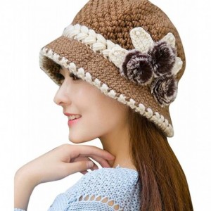 Skullies & Beanies Women Color Winter Hat Crochet Knitted Flowers Decorated Ears Cap with Visor - Khaki - C518LH2IODL $14.61