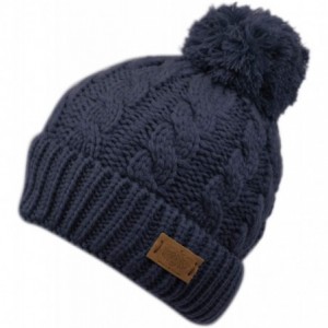 Skullies & Beanies Winter Oversized Cable Knitted Pom Pom Beanie Hat with Fleece Lining. - Navy - CJ18L9UCXLN $32.08