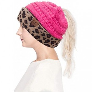 Skullies & Beanies Women Classic Solid Color with Leopard Cuff Ponytail Messy Bun Beanie Skull Cap - New Candy Pink - CQ18HTH...