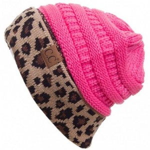 Skullies & Beanies Women Classic Solid Color with Leopard Cuff Ponytail Messy Bun Beanie Skull Cap - New Candy Pink - CQ18HTH...