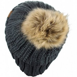 Skullies & Beanies Thick Cable Knit Faux Fuzzy Fur Pom Fleece Lined Skull Cap Cuff Beanie - Dark Melange Gray - CK18723DNSR $...