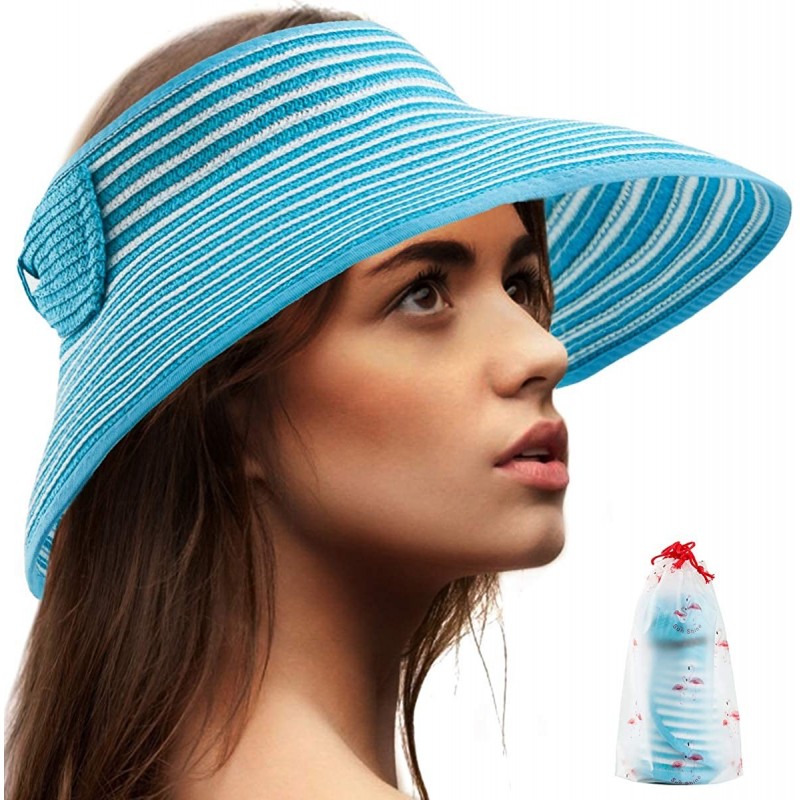 Visors Foldable Sun Visors for Women - Beach Hat Wide Brim Sun Hat Roll-Up Straw Hat - CB18UL7QG6Q $28.11
