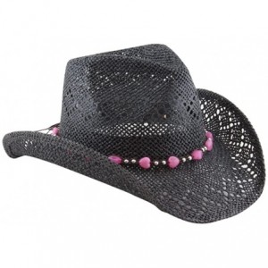 Cowboy Hats Straw Cowboy Hat for Women with Beaded Trim and Shapeable Brim - Black W/ Pink Trim - CN11L9EVBBP $48.64