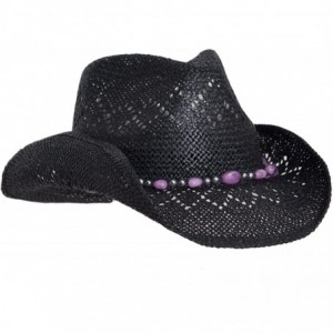Cowboy Hats Straw Cowboy Hat for Women with Beaded Trim and Shapeable Brim - Black W/ Pink Trim - CN11L9EVBBP $48.64
