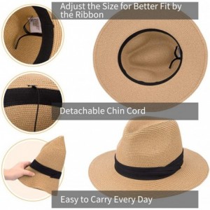 Sun Hats Womens Straw Panama Hat- Wide Brim Beach Sun Hats Summer Foldable Travel Sunhat UPF50 - 1-a-khaki-sz - C018QMQ6QQM $...