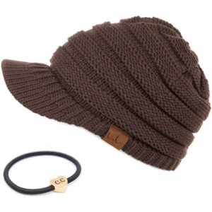 Visors Hatsandscarf Exclusives Women's Ribbed Knit Hat with Brim (YJ-131) - Brown With Ponytail Holder - CY18XGK36T3 $32.81